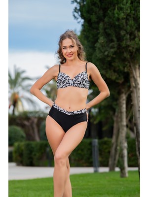 Rukomayo Siyah Beyaz Desenli Omuzdan Ayar Askılı Büyük Beden Toparlayıcı Lycra Kumaş Kemerli Bikini