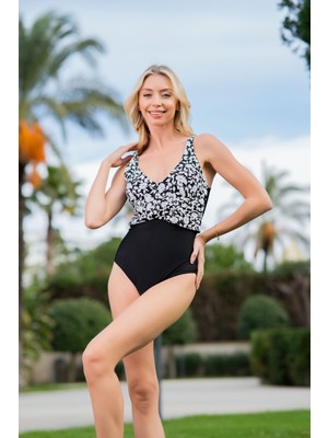 Rukomayo Siyah Beyaz Desenli Omuzdan  Askılı Büyük Beden Toparlayıcı Lycra Kumaş Kemerli Mayo