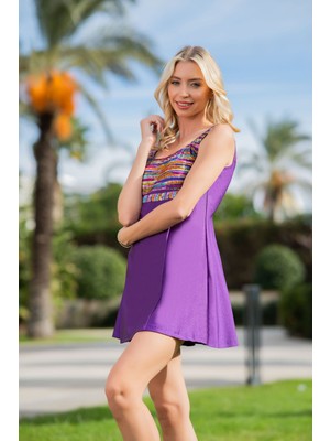 Rukmayo Mor Desenli Kemerli Lycra Kumaş Elbise Mayo