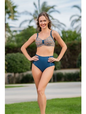 Rukomayo Mavi Desenli Büyük Beden Omzudan Askılı Balenli Yüksek Bel Lycra Kumaş Bikini