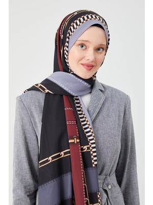Five Scarf K.Gri Zincir Desen Violet Medine İpeği Şal