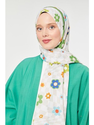 Çimen Yeşili Çiçek Desen Mono Krep Şal