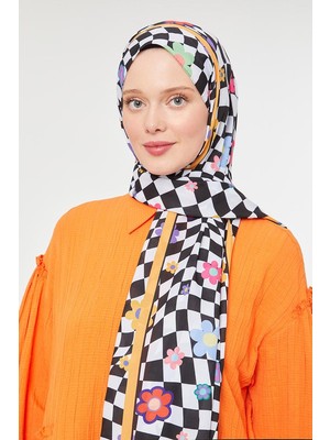 Five Scarf Turuncu Çiçek Desen Mono Krep Şal