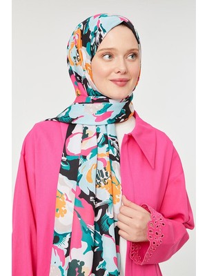 Neon Pembe Çiçek Desenli Mono Şal
