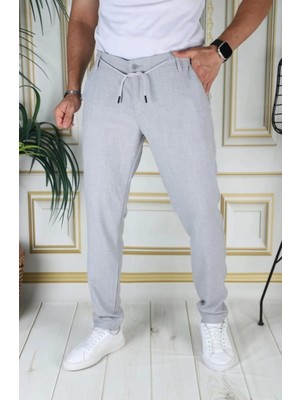 Erkek Gri Italyan Kesim Kaliteli Esnek Slim Fit Likralı Lastikli Ipli Şık Koton Kumaş Pantolon