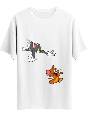 Tom And Jerry Baskılı Oversize Unisex Bisiklet Yaka Tişört