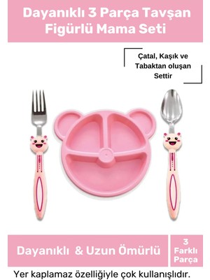 Dayanıklı 3 Parça Tavşan Figürlü Bebek Çocuk Çatal Kaşık ve Mama Tabağı Seti