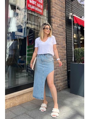 Eswomes Taşlı Asimetrik Kesim Kot Etek Mavi