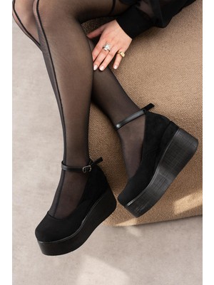 Shoetek Sera Kadın Topuklu  Ayakkabı Bilekten Bağlamalı Dolgu Tabanlı Siyah Süet