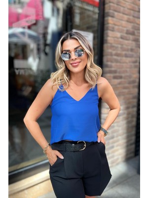 Eswomes Sırt  Dekolteli Askılı Bluz Saks Mavi