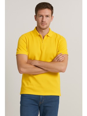 Erkek Kısakol Polo Yaka Fermuarlı Tshirt Sarı