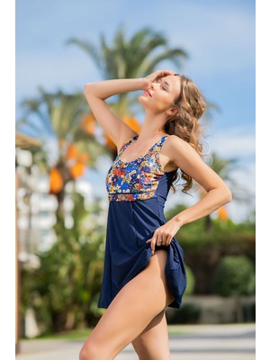 Rukmayo Lacivert Çiçek  Desenli Kemerli Lycra Kumaş Elbise Mayo