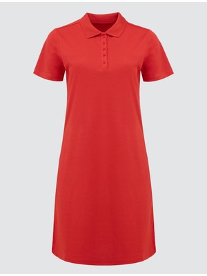 Jimmy Key Kırmızı Düz Kesim Gömlek Yaka Kısa Kollu Mini Örme Elbise