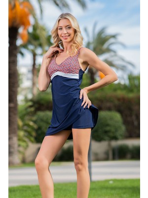 Rukomayo Lacivert Desenli Dönmeli Model Şortlu Lycra Kumaş Elbise Mayo
