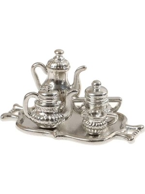 Minyatür Metal Çaydanlık Demlik Fincan Tepsi Set Gümüş Renk Bebek Evi Çocuk Oyuncakları Için