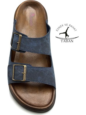 Sermoda Çift Toka Ayarlanabilir Genişlik Esnek Rahat Deri Erkek Terlik 25103 Lacivert