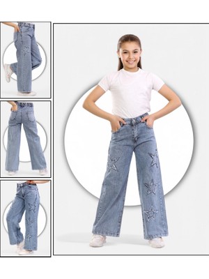 % 100 Pamuk-Taş Yıkamalı-Yıldız Nakış Detaylı-Kız Çocuk Kot Palazzo