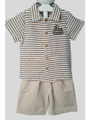 2'li Erkek Çocuk Kahve Çizgili Desenli Gömlek Bej Sortlu Keten Takım
