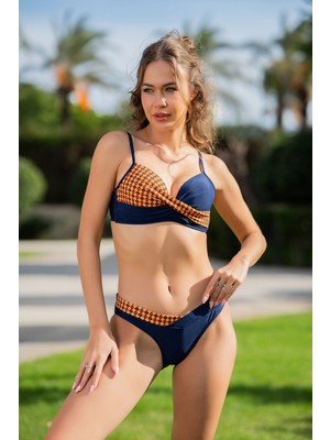 Rukomayo Lacivert Turuncu Desenli Dönmeli Model Omuzdan Ayar Askılı Lycra Kumaş Kemerli Bikini