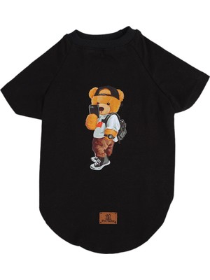 Siyah Ayıcıklı Selfici Ince Yazlık Kollu Tişört Kedi Köpek Kıyafeti