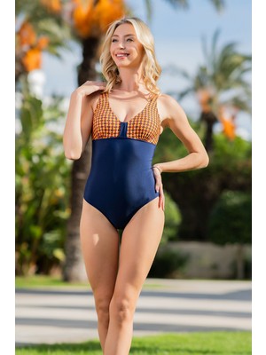 Rukomayo Lacivert Turuncu Desenli  Toparlayıcı Model Omuzdan  Askılı Lycra Kumaş  Mayo