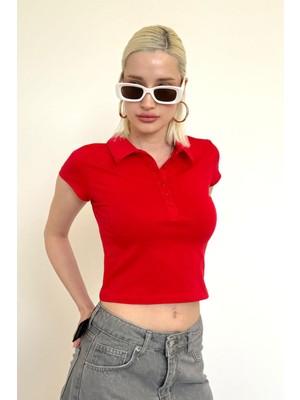 Kırmızı Polo Yaka Basic Kadın Tişört MG2455
