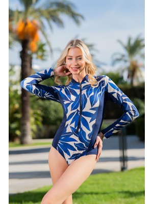 Rukomayo Lacivert Yaprak Desenli Uzunkol Yarım Fermuarlı  Lycra Kumaş Sürf (Yüzücü) Mayo