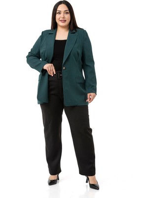 Büyük Beden Tek Düğmeli Süs Cep Kapaklı Vatkalı Astarsız Zümrüt Yeşili Ceket