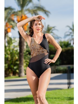 Rukomayo Siyah Leopar Desenli Kruvaze Tül Detaylılycra Kumaş Mayo