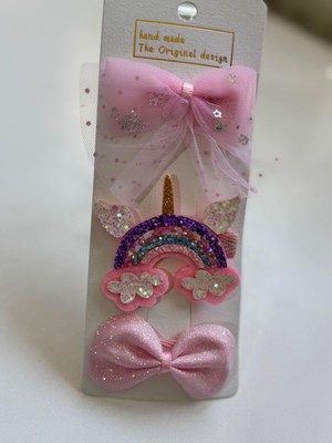 Kız Çocuk 3' Lü Unicorn Klips Toka Açık Pembe