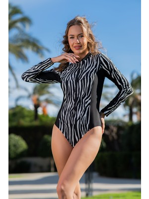 Rukomayo Siyah Zebra Desenli Uzunkol Yarım Fermuarlı Lycra Kumaş Sürf (Yüzücü) Mayosu