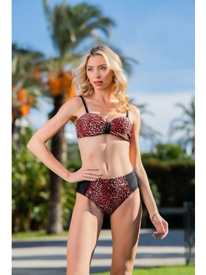 Rukomayo Kırmızı Leopar Desenli Omuzdan Ayar Askılı Yüksek Bel Lycra Kumaş Straplez Bikini