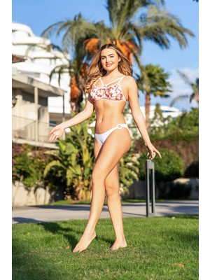 Rukomayo Kırmızı Beyaz Desenli Halka Detaylı Çapraz Askılı Lycra Kumaş Bikini