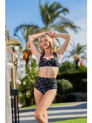 Rukomayo Siyah Çiçek Desenli Kalın Askılı Boyundan Bağlamalı Yüksek Bel Lycra Kumaş Kaplı Bikini