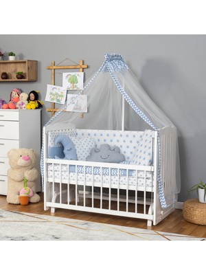 Bamgidoo Ahşap Lake Beyaz Renk Anne Yanı Beşik 3 Kademeli Sallanan Ahşap Beşik 60 x 120 cm - Mavi Yıldız Uyku Setli & Soft Yataklı