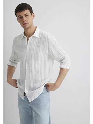 Mavi Keten Karışımlı Mavi Çizgili Ekru Gömlek 0211525-89288