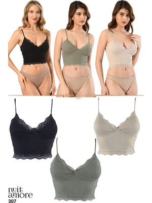 Nuitamore 3'lü Crop Takım Askılı Dantelli Pedli Büstiyer Bluz