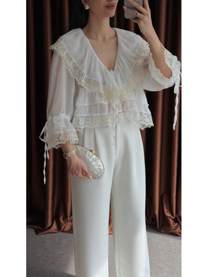 Kadın Ekru Dantel ve Bağlama Detaylı Peplum Şifon Bluz