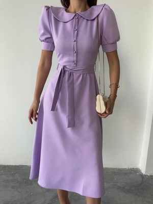 Bebe Yaka Düğmeli Midi Atlas Elbise