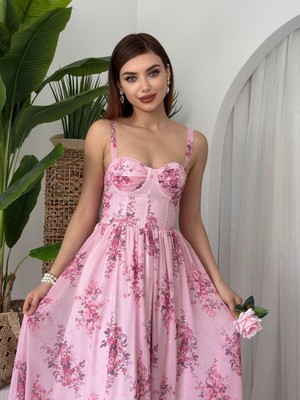 Kalın Askılı Çiçekli Pembe Şifon Emily Elbise