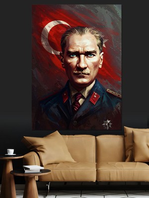 Türk Bayrağı ve Mustafa Kemal Atatürk Dekoratif Kanvas - Mdf Ahşap Tablo