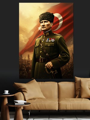 Bayrak Önü Mustafa Kemal Atatürk Dekoratif Kanvas - Mdf Ahşap Tablo