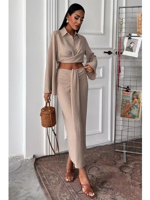 Melenza Crop Gömlekli ve Eteği Büzgülü Tasarım Takım 10195