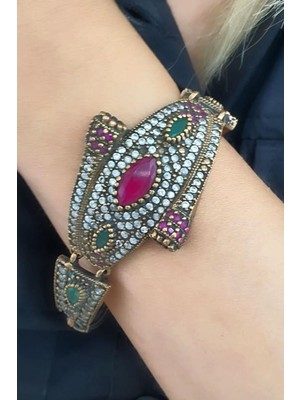 Kök Yakut ve Zümrüt Taşlı 925AYAR Gümüş Otantik Tasarım Bileklik