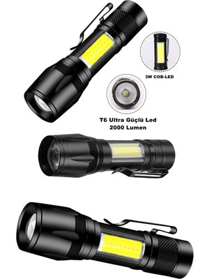 Ultra Çift Yönlü Güçlü Pilli LED El Feneri 2000 Lümen + 6W Cob LED Su Geçirmez Zoomlu 3 Modlu