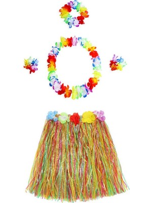 Yetişkin ve Çocuk Uyumlu Luau Aloha Hawaii  Kolye Renkli Etek  ve Bileklik Seti
