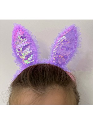 Kenarları Dantelli Mor Pullu Payetli LED Işıklı Tavşan Kulak  23X19 cm