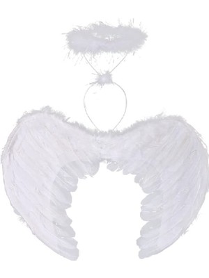 Beyaz Renkli Tüylü Bebek Melek Kanadı ve Tacı 30X45 cm