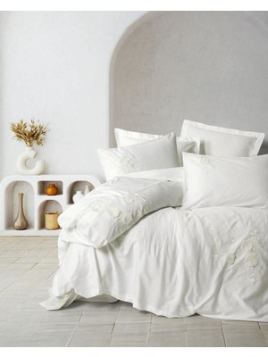 Timestart  3D Nakışlı Çift Kişilik Saten Nevresim Takımı Gembira Beyaz
