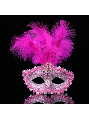 Pembe Dantel Işlemeli Pembe Tüylü Balo Parti Maskesi 17X20 cm